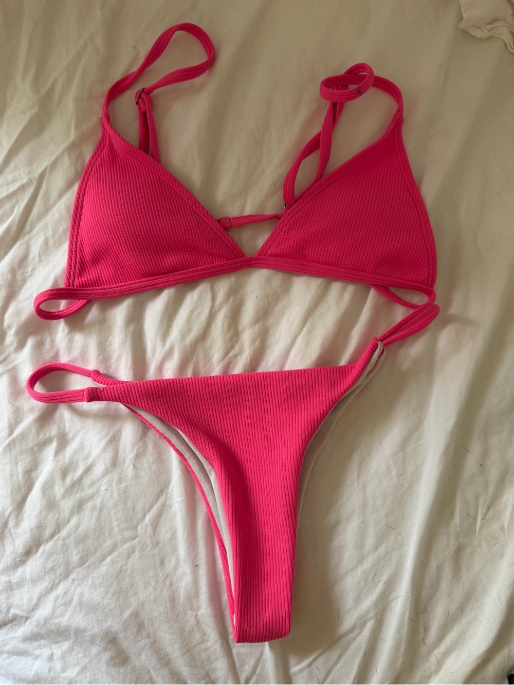 Hot Pink Ribbed Triangle Bikini Set
